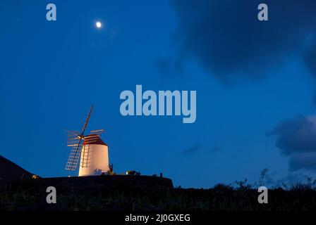 Moulin la nuit. Jardin de Cactus. Guatiza. Île de Lanzarote. Îles Canaries. Espagne. Banque D'Images