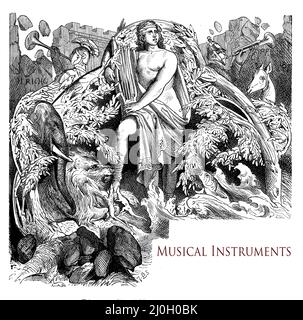 Belle image typographique du chapitre avant sur les instruments de musique avec des animaux mythologiques Orpheus enchanteurs et la nature avec le son de son lyra Banque D'Images