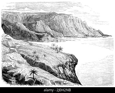 Rive est de la mer Morte dans la région de Kalirrhoe, , (livre de géographie, 1885), Ostufer des Toten Meeres in der Gegend von Kalirhoe, Rive orientale de la mer Morte dans la région de Kalirhoe Banque D'Images