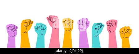 Les mains avec les poings relevés. Rassemblement de masse de personnes défendant leurs droits. Illustration vectorielle Illustration de Vecteur