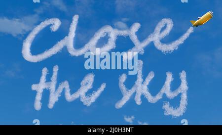 3D rendu de dessin animé avion écrire du texte Fermer le ciel. Concept de guerre en Ukraine, agression russe, invasion, conflit, aide de l'UE et des Etats-Unis. Banque D'Images
