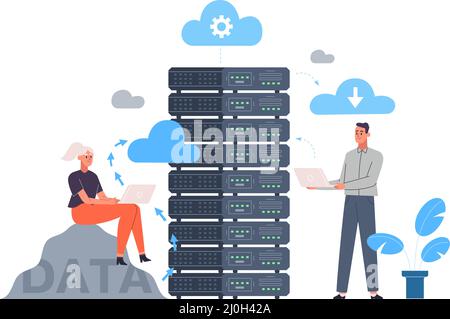 Cloud Data Server, concept de technologie de stockage de base de données en ligne. Conception du stockage de données, illustration du vecteur de concept d'hébergement de cloud computing. Cloud Illustration de Vecteur