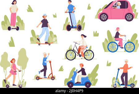 Les personnes qui voyagent en transport électrique, vélo, scooter, voiture électrique. Jeu d'illustrations vectorielles de personnages de mode de vie sain et de loisirs actifs. En bonne santé Illustration de Vecteur