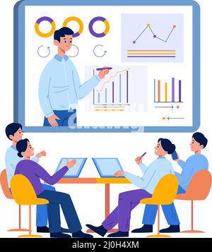 Formation en ligne pour les affaires, conférence à distance pour les autocars d'affaires. Illustration du vecteur de présentation e-learning, travail d'équipe en ligne. Concept de visioconférence Illustration de Vecteur