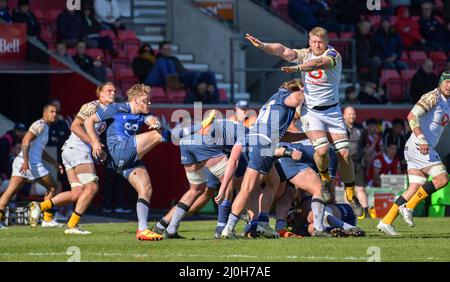 Manchester, Royaume-Uni. 19th mars 2022. 19th mars 2022, Grand Manchester, Angleterre. Gallagher Premiership Rugby au stade AJ Bell Home Ground sale Sharks V Wasps. Solde les requins sur l'attaque toutes les images © Robert Leyland aucune utilisation sans autorisation préalable. Credit: robert Leyland/Alay Live News Banque D'Images