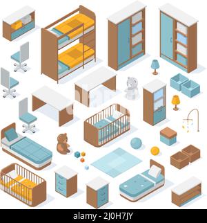 Mobilier isométrique pour les chambres d'enfants, mobilier pour les enfants de 3D à 24. Ensemble d'illustrations vectorielles de meubles et de jouets pour la chambre de bébé garçon. Éléments modernes de l'appartement Illustration de Vecteur