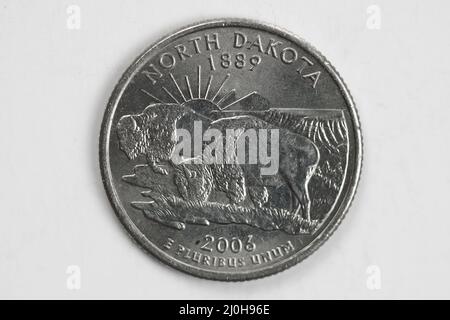 Une pièce d'un quart de dollar (25 cents) avec l'image du Dakota du Nord (état du jardin de la paix), États-Unis. Banque D'Images