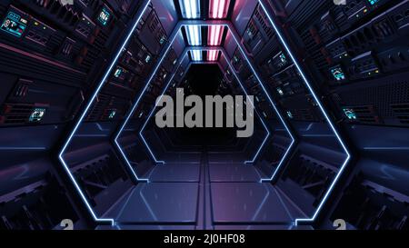 Science arrière-plan fiction intérieur rendu de science-fiction couloirs vaisseau spatial de science-fiction lumière bleue et lumière rouge.3D rendu Banque D'Images