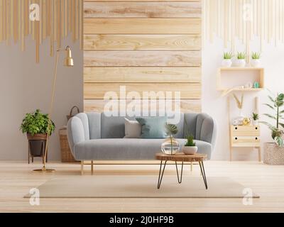 Salon intérieur pièce mur maquette dans des tons chaleureux avec fauteuil bleu foncé sur parquet.3D rendu Banque D'Images