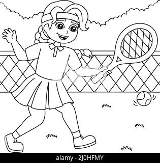 Fille jouant tennis coloriage page pour les enfants Illustration de Vecteur