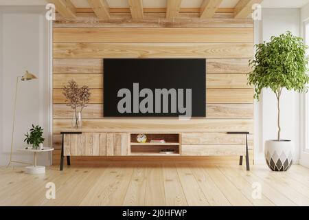 TV LED sur l'armoire dans le salon moderne sur fond de mur en bois, 3D rendu Banque D'Images