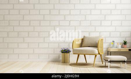 Salle de séjour intérieur chambre mur en brique maquette dans les tons chauds, fauteuil gris sur parquet.3D rendu Banque D'Images