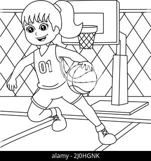 Fille jouant Basketball coloriage page pour enfants Illustration de Vecteur