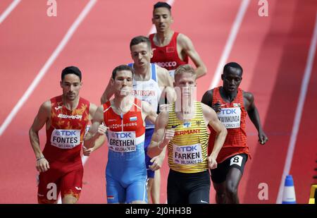 Belgrade, Serbie. 19th mars 2022. Les athlètes se disputent la chaleur masculine de 1500m aux Championnats du monde d'athlétisme en salle Belgrade 2022 à Stark Arena, Belgrade, Serbie, le 19 mars 2022. Crédit: Predrag Milosavljevic/Xinhua/Alay Live News Banque D'Images