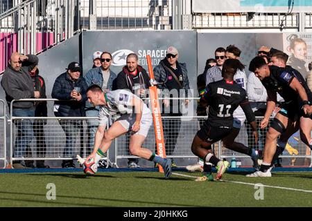 Londres, Royaume-Uni. 19th mars 2022. Tom James #9 de Northampton Saints marque un essai à Londres, Royaume-Uni le 3/19/2022. (Photo de Richard Washbrooke/News Images/Sipa USA) crédit: SIPA USA/Alay Live News Banque D'Images