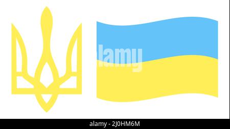 Armoiries et drapeau de l'Ukraine dans les couleurs patriotiques nationales bleu et jaune isolé sur fond blanc mini ensemble. Symboles et emblèmes du pays. Arrêtez la guerre et l'occupation. Illustration vectorielle Illustration de Vecteur