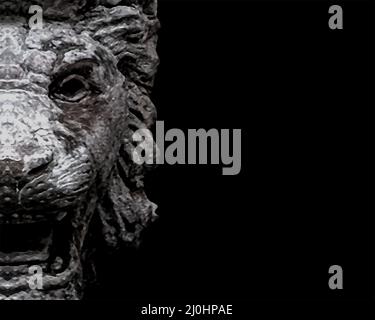 Sculpture Creepy Lion Head sur Noir Banque D'Images