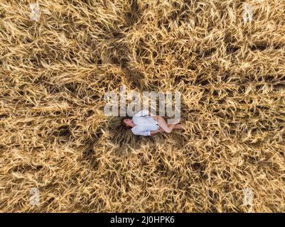 Vue aérienne de la femme dans le champ de blé Banque D'Images