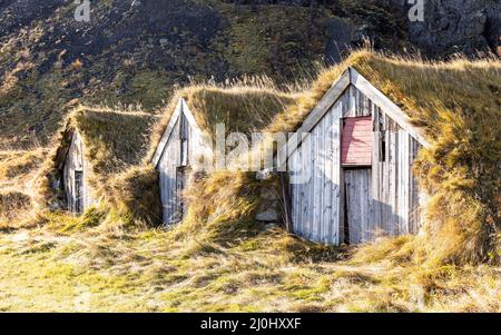 Bâtiments agricoles et dépendances construits sur la colline dans le sud de l'Islande.Ces maisons à gazon sont traditionnelles et construites pour s'isoler contre le har froid Banque D'Images
