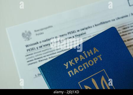 Document PESEL, passeport ukrainien sur fond blanc. Numéro d'identification national en Pologne. ID polonais. Document personnel officiel Banque D'Images