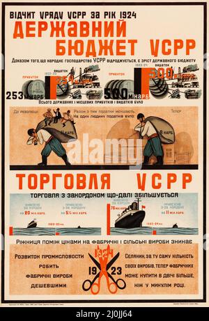 Propagande russe - affiche russe ancienne - Rapport du Gouvernement de l'URSS pour 1924. Budget d'Etat de l'URSS. Commerce de l'URSS. Banque D'Images