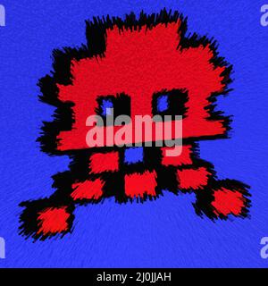 Nostalgique Vintage années 80 Retro Pixel art d'un envahisseur géant rouge étranger de l'espace dans le style graphique 8-bit 2D pixelated sur un fond bleu Banque D'Images