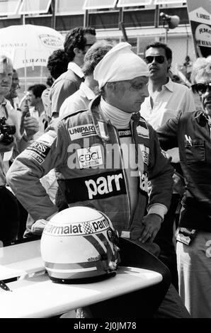 Niki Lauda, à la tête d'une Marlboro-McLaren, remporte le Grand Prix britannique à Brands Hatch. Lauda, championne du monde en 1975 et 1977, se place en troisième place dans le championnat des pilotes, derrière Pironi et Watson. Didier Pironi est arrivé deuxième chez Brands et Patrick Tambay troisième. Photo : Niki Lauda. 18th juillet 1982. Banque D'Images