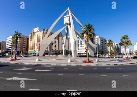 Deira horloge tour rond-point, un vieux point de repère de Dubaï construit en 1965. Émirats arabes Unis. Moyen-Orient. Banque D'Images