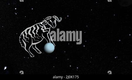 Illustration d'un Capricorne sur la constellation du ciel nocturne avec 3D rendu de l'Uranus Banque D'Images