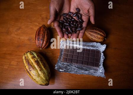 Fèves de cacao détenues dans la main par un fermier, à côté des gousses de cacao et une table de chocolat, processus de fabrication du chocolat Banque D'Images