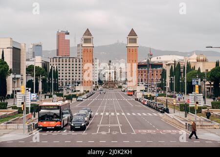 Barcelone, Espagne - 15 décembre 2019 : Plaza de Espana à Barcelone, place de la capitale de la Catalogne. Banque D'Images