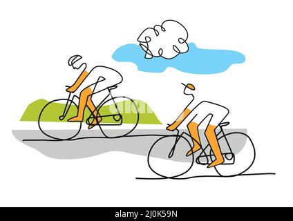 Deux cyclistes, dessin animé stylisé art de ligne. Illustration stylisée des cyclistes sur route. Conception de dessin en ligne continue. Vecteur disponible. Illustration de Vecteur