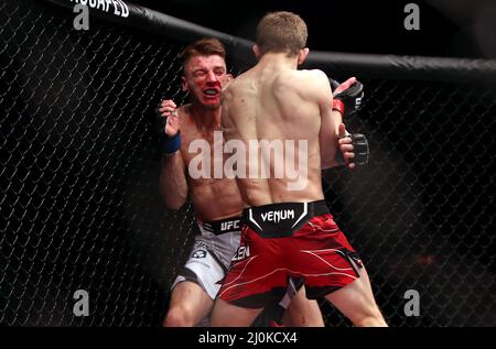 Arnold Allen (à droite) frappe Dan Hooker dans le combat Featherweight au O2, Londres. Date de la photo: Samedi 19 mars 2022. Banque D'Images