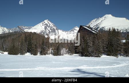 Vue sur Strbske Pleso (Strbske Tarn) avec Hotel Patria et pont de cavalier en hiver, High Tatras, Strbske Pleso, Slovaquie Banque D'Images