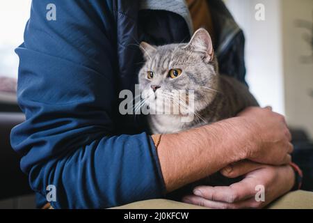 Homme portant un masque de protection avec un animal de compagnie attendant dans le hall pour un examen médical à la clinique vétérinaire. Santé animale. Propriétaire de Gray Banque D'Images