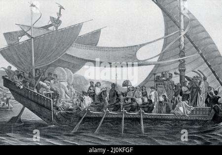 La légende de cette illustration de 1906 est la suivante : « dernière fête de Cléopâtre. Antony et Cléopâtre, défaits par le neveu de Jules César Octavius (plus tard Auguste) , se sont enfuis en Égypte. Cleopatra a essayé de rouser les Egyptiens dans sa défense, mais sa cause était désespérée. Néanmoins, elle a gardé les apparences jusqu'à la dernière, poursuivant ses fêtes et festivités extravagantes sur le Nil, et s'efforçant de divertir le sombre et désespérant Antony. Ce n'est pas jusqu'à ce qu'Octavius soit effectivement entré dans le Nil avec ses navires de guerre que Cleopatra a abandonné ses plaisirs. Puis elle et Antony se tuèrent eux-mêmes. » Cléopâtre an Banque D'Images