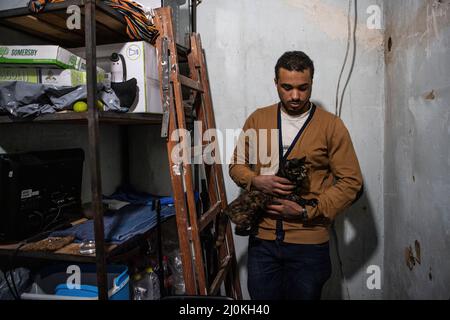 Lviv, Ukraine. 17th mars 2022. Fedor Kalu, un homme de 17 ans de Kiev, tient son chat dans un refuge pour les personnes déplacées à Lviv, trois jours après avoir fui son domicile. Selon les Nations Unies, plus de trois millions de personnes en Ukraine sont devenues des réfugiés et deux autres millions ont été déplacées à l'intérieur du pays depuis le début de l'invasion par la Russie le 24 2022 février. Crédit : SOPA Images Limited/Alamy Live News Banque D'Images