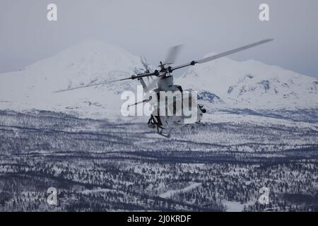 Le colonel Eirik Stueland de la Royal Norwegian Air Force passe dans un VENIN UH-1Y tout en effectuant des manœuvres aériennes pendant l'exercice Cold Response 2022, Setermoen, Norvège, 17 mars 2022. Stueland est le commandant de l'escadre des hélicoptères maritimes et le UH-1Y Venom est affecté à l'escadron des hélicoptères d'attaque de lumière marine 269. L'exercice Cold Response '22 est un exercice biennal de préparation nationale et de défense norvégien qui a lieu dans toute la Norvège, avec la participation de chacun de ses services militaires, ainsi que de 26 autres nations alliées de l'Organisation du Traité de l'Atlantique Nord et partenaires régionaux Banque D'Images