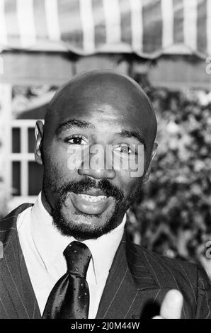 Marvin Hagler à Londres pour défier le champion WBA, WBC Alan Minter. Hagler a gagné par TKO au troisième tour. Hagler a six ans invaincu avant de perdre ses titres à Sugar Ray Leonard en 1987.18e Septembre 1980 Banque D'Images