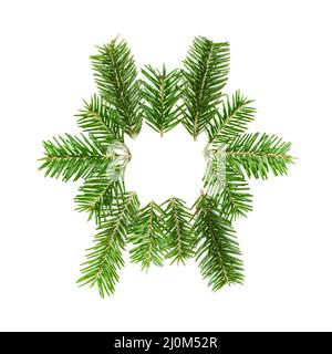 Composition du nouvel an de Noël avec cadre de branches de sapin sur fond blanc vue du dessus Banque D'Images