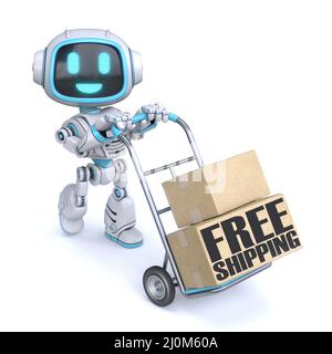 Robot mignon bleu avec chariot à main Free Shipping concept 3D Banque D'Images