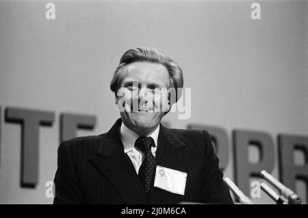 Michael Heseltine, secrétaire d'État à l'Environnement, à la conférence conservatrice de Brighton. 7th octobre 1982. Banque D'Images