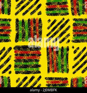 Motif sans couture dessiné à la main avec un imprimé géométrique africain, tissu Junetdix-septième liberté 1865, jaune vert rouge noir formes abstraites kente tissu, arrière-plan ethnique Banque D'Images