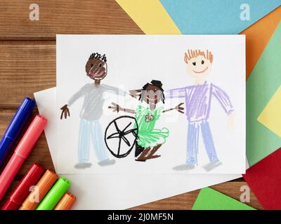 Amis enfants handicapés dessinés à la main Banque D'Images