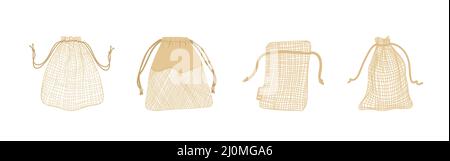 Ensemble de sacs écologiques en mesh isolés sur fond blanc. Pochettes en matériaux naturels et biodégradables. Illustration vectorielle de style dessin animé plat. Écologique Illustration de Vecteur