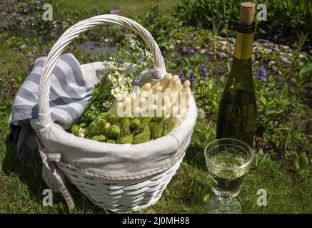 Asperges fraîches, blanches et vertes, crues offertes en gros plan dans un panier extérieur dans l'herbe Banque D'Images