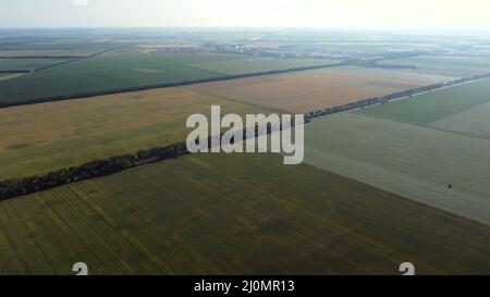 Vol aérien avec vue sur différents champs agricoles Banque D'Images