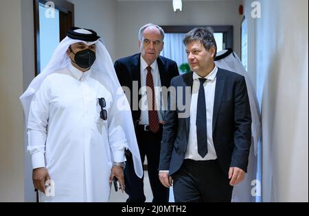 20 mars 2022, Qatar, Doha: Robert Habeck (r, Bündnis 90/Die Grünen), ministre allemand des Affaires économiques et de la protection du climat, et Claudius Fischbach (M), ambassadeur de l'Allemagne au Qatar, sont en pourparlers avec le ministre du Commerce et de l'Industrie du Qatar. Le ministre de l'économie et de la protection du climat, Habeck, effectue une visite de trois jours dans le golfe Persique. Au Qatar et dans les Émirats arabes Unis (eau), il organise de nombreuses discussions sur les importations possibles d'énergie en provenance des États du Golfe. En conséquence de la guerre d'Ukraine, l'Allemagne veut réduire sa dépendance vis-à-vis des importations d'énergie russe. Photo: Bernd von Jutrczenka/ Banque D'Images