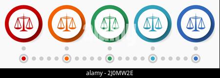 Justice, jeu d'icônes vectorielles Law concept, boutons colorés à conception plate, modèle d'infographie avec 5 options de couleurs Illustration de Vecteur