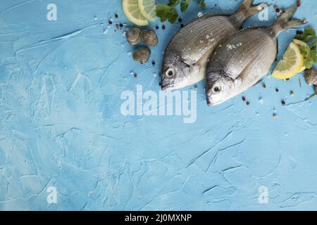 Déposer le poisson à plat avec un espace de copie au citron Banque D'Images